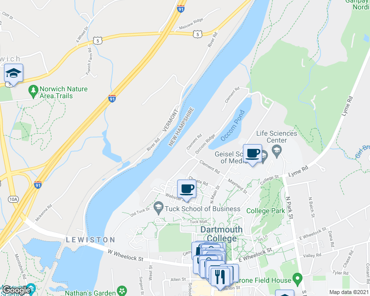 map of restaurants, bars, coffee shops, grocery stores, and more near 36 Occom Ridge in Hanover