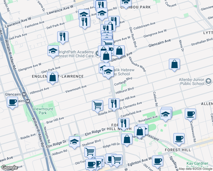 map of restaurants, bars, coffee shops, grocery stores, and more near 10 Prue Avenue in Toronto