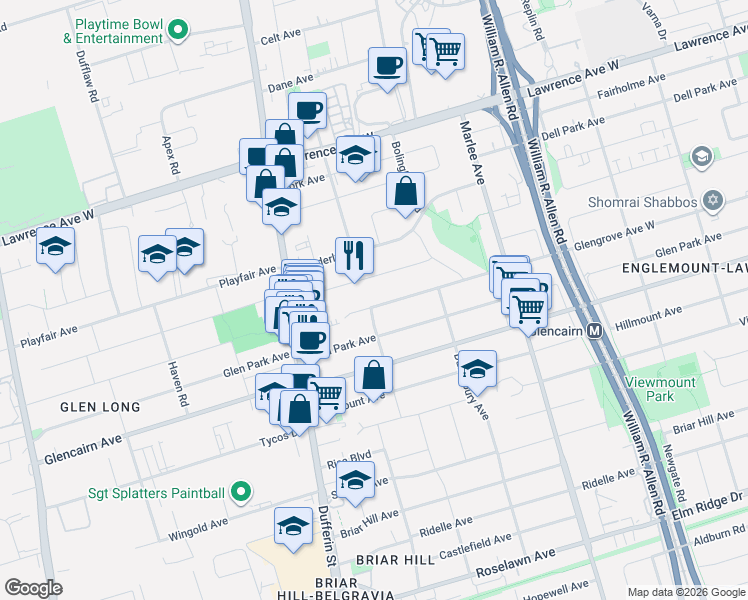map of restaurants, bars, coffee shops, grocery stores, and more near 750 Glengrove Avenue West in Toronto