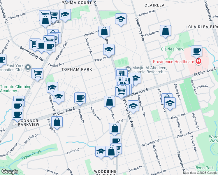 map of restaurants, bars, coffee shops, grocery stores, and more near 66 Holmstead Avenue in Toronto