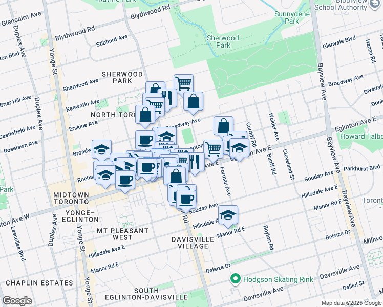 map of restaurants, bars, coffee shops, grocery stores, and more near 305 Roehampton Avenue in Toronto
