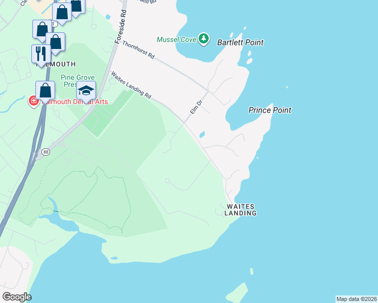 map of restaurants, bars, coffee shops, grocery stores, and more near 16 Menikoe Point Road in Falmouth