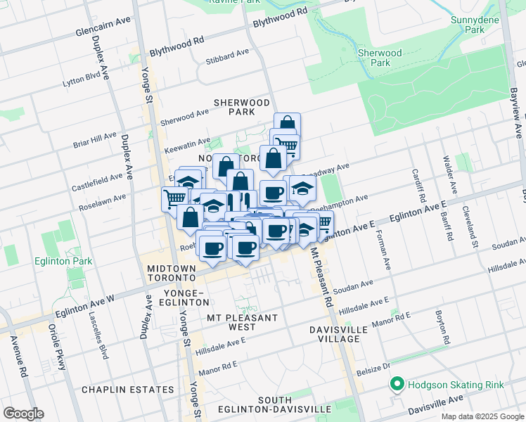 map of restaurants, bars, coffee shops, grocery stores, and more near 177 Redpath Avenue in Toronto