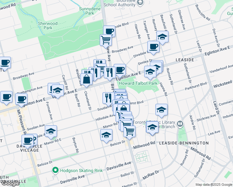 map of restaurants, bars, coffee shops, grocery stores, and more near 1763 Bayview Avenue in Toronto