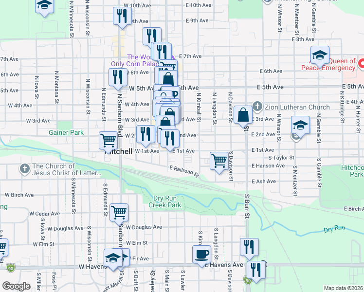 map of restaurants, bars, coffee shops, grocery stores, and more near 218 East 1st Avenue in Mitchell