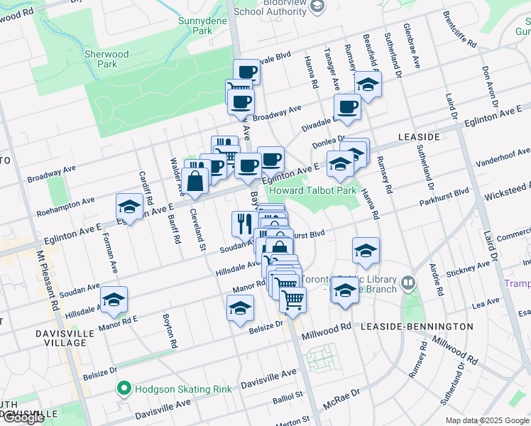 map of restaurants, bars, coffee shops, grocery stores, and more near in Toronto