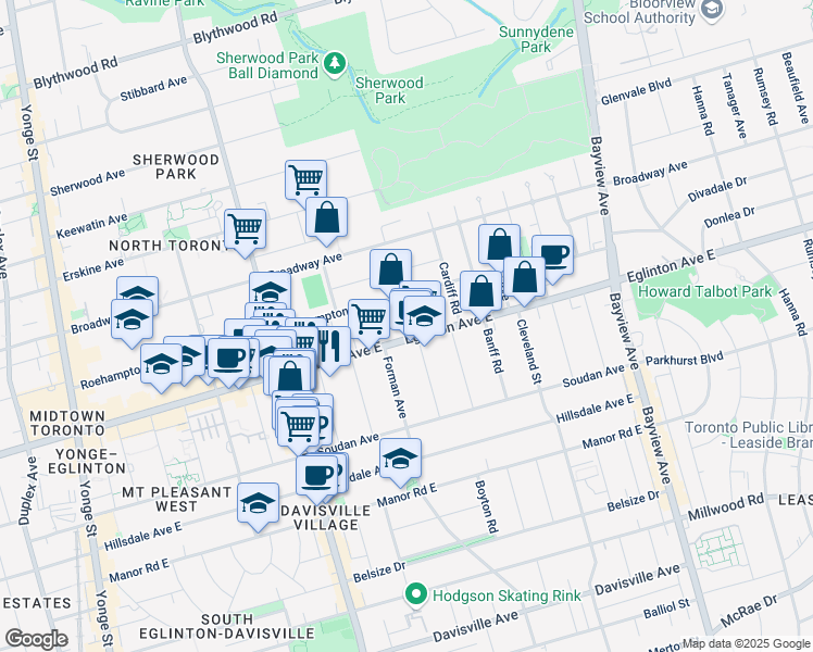 map of restaurants, bars, coffee shops, grocery stores, and more near in Toronto