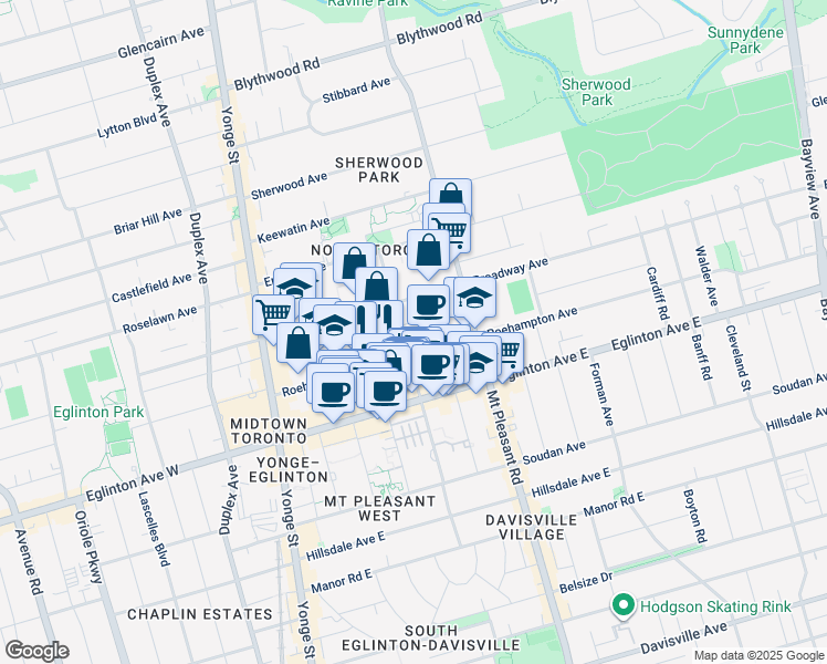 map of restaurants, bars, coffee shops, grocery stores, and more near 177 Redpath Avenue in Toronto