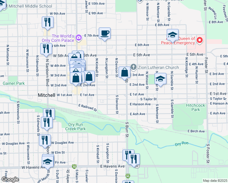 map of restaurants, bars, coffee shops, grocery stores, and more near 414 East 1st Avenue in Mitchell