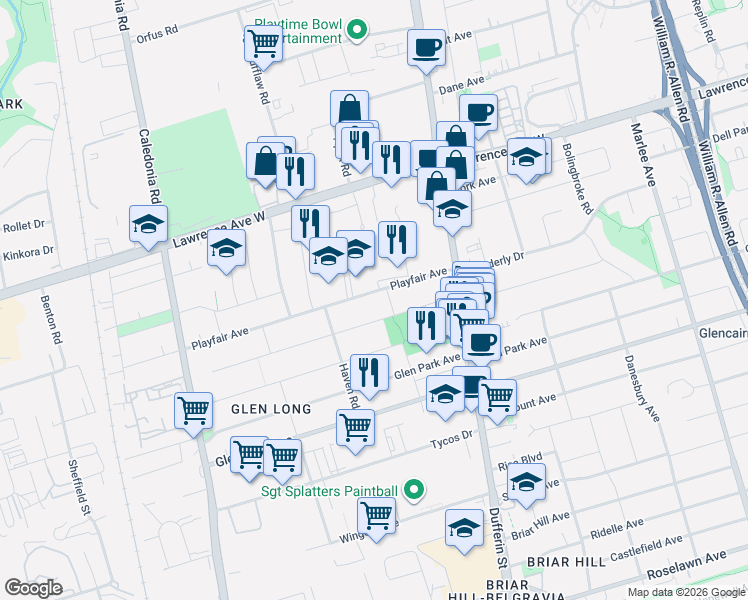 map of restaurants, bars, coffee shops, grocery stores, and more near 51 Playfair Avenue in Toronto
