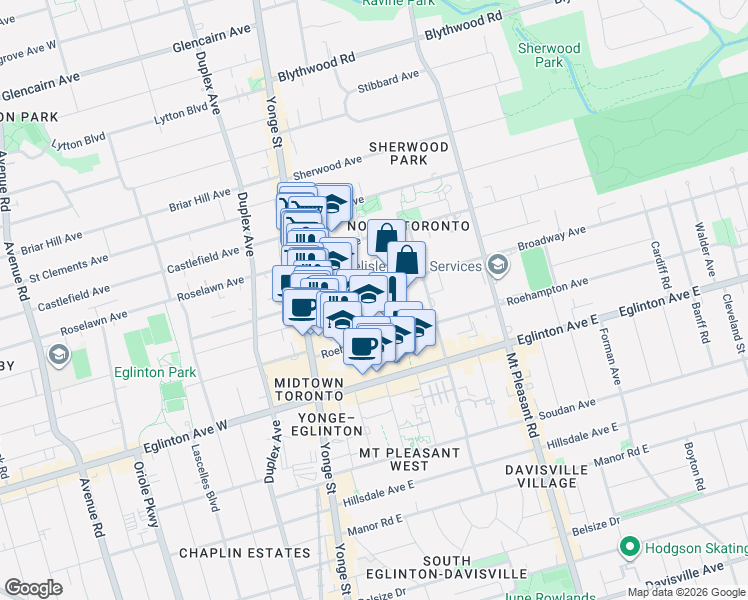 map of restaurants, bars, coffee shops, grocery stores, and more near 25 Broadway Avenue in Toronto