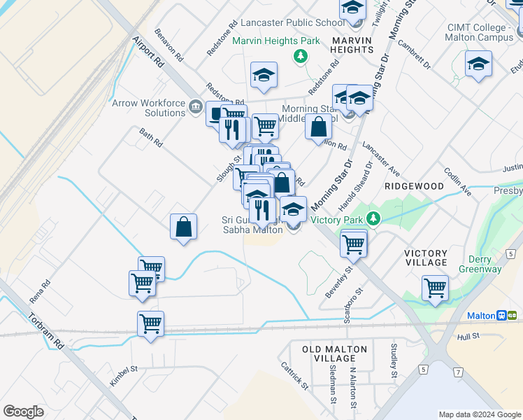 map of restaurants, bars, coffee shops, grocery stores, and more near in Mississauga