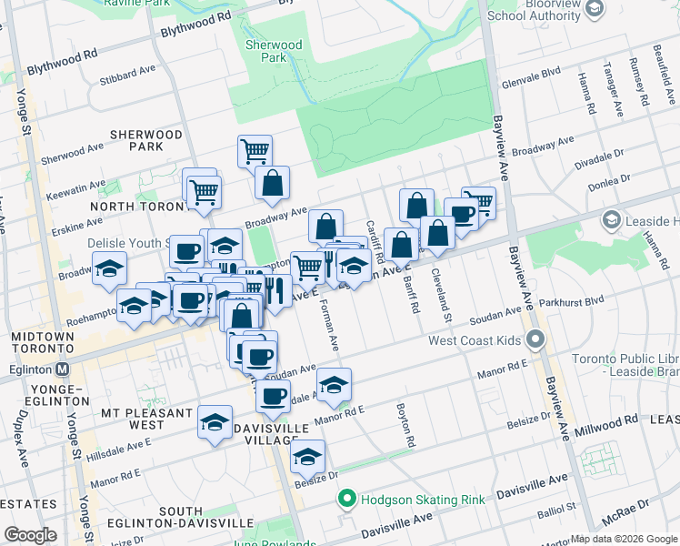 map of restaurants, bars, coffee shops, grocery stores, and more near 420 Eglinton Avenue East in Toronto