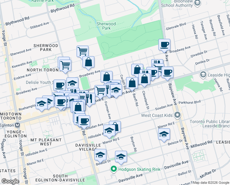 map of restaurants, bars, coffee shops, grocery stores, and more near 440 Eglinton Avenue East in Toronto