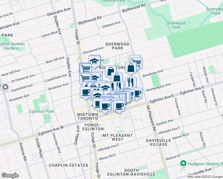 map of restaurants, bars, coffee shops, grocery stores, and more near 65 Broadway Avenue in Toronto
