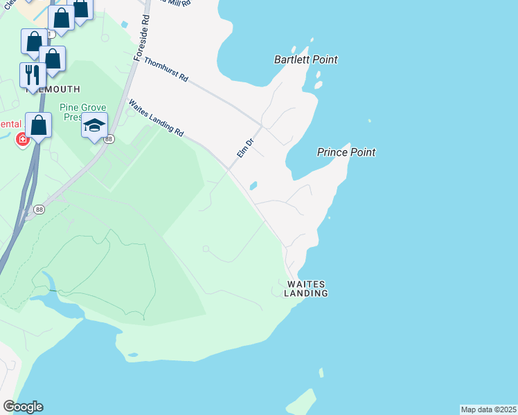 map of restaurants, bars, coffee shops, grocery stores, and more near 16 Menikoe Point Road in Falmouth