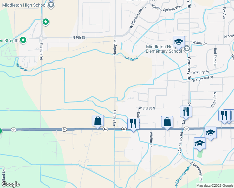 map of restaurants, bars, coffee shops, grocery stores, and more near 23245 Hartley Lane in Middleton
