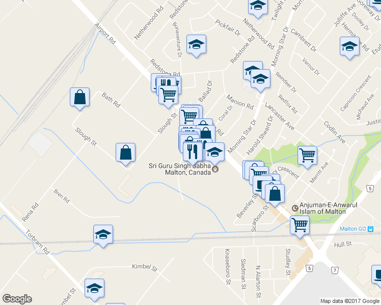 map of restaurants, bars, coffee shops, grocery stores, and more near 2970 Drew Road in Mississauga