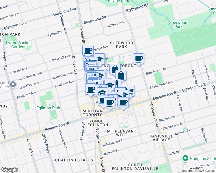 map of restaurants, bars, coffee shops, grocery stores, and more near 25 Broadway Avenue in Toronto