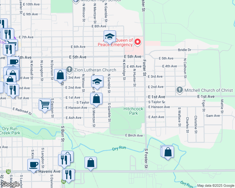 map of restaurants, bars, coffee shops, grocery stores, and more near 1000-1098 E 1st Ave in Mitchell