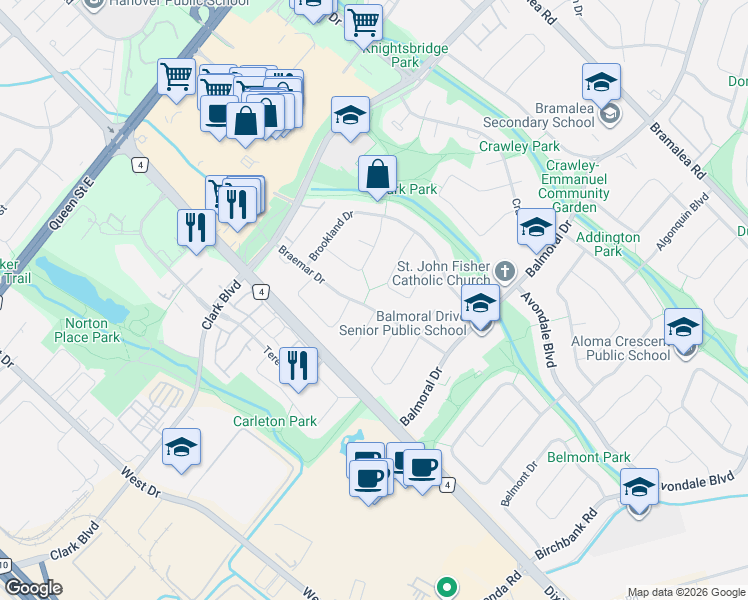 map of restaurants, bars, coffee shops, grocery stores, and more near 37 Braemar Drive in Brampton