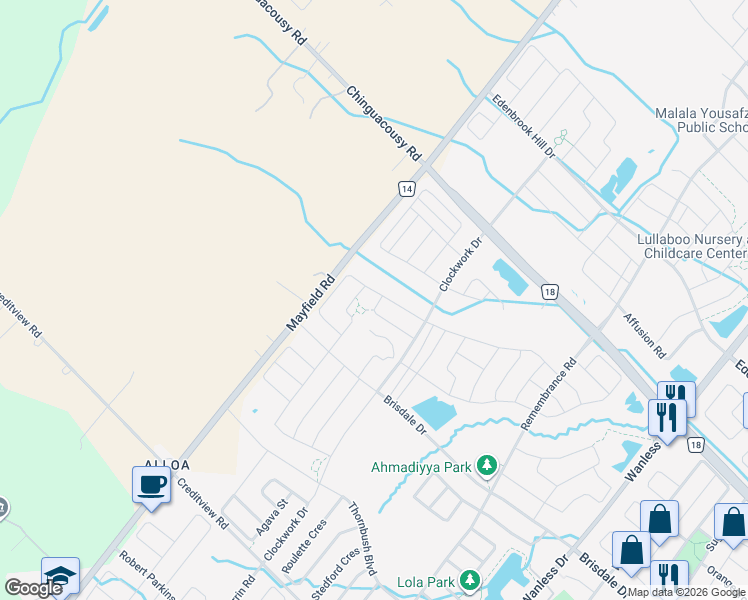 map of restaurants, bars, coffee shops, grocery stores, and more near in Brampton