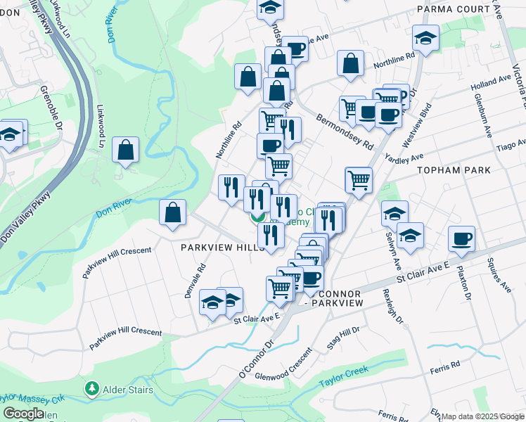 map of restaurants, bars, coffee shops, grocery stores, and more near in Toronto
