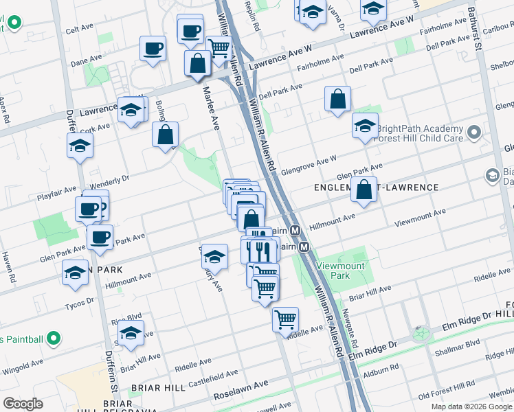 map of restaurants, bars, coffee shops, grocery stores, and more near 213 Glen Park Avenue in Toronto