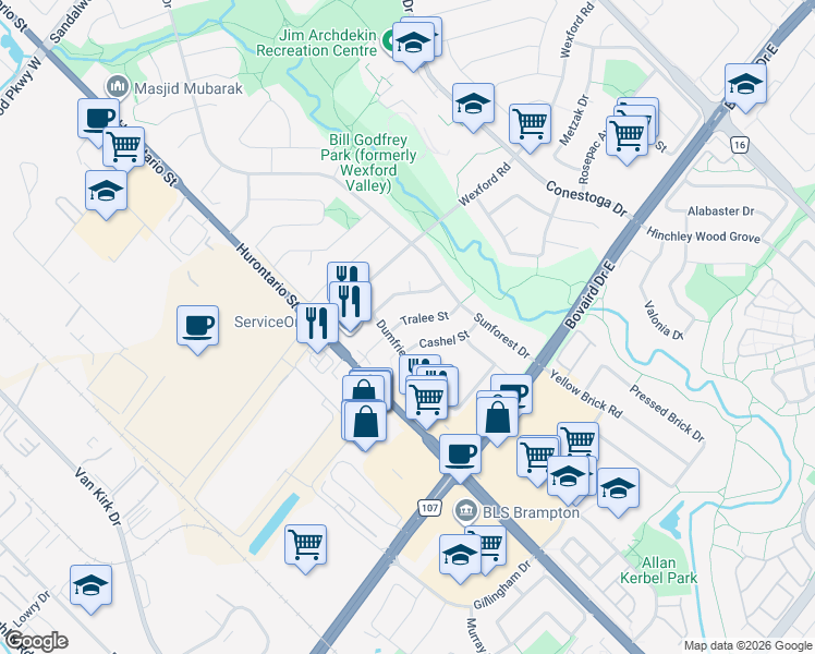 map of restaurants, bars, coffee shops, grocery stores, and more near 9 Tralee Street in Brampton