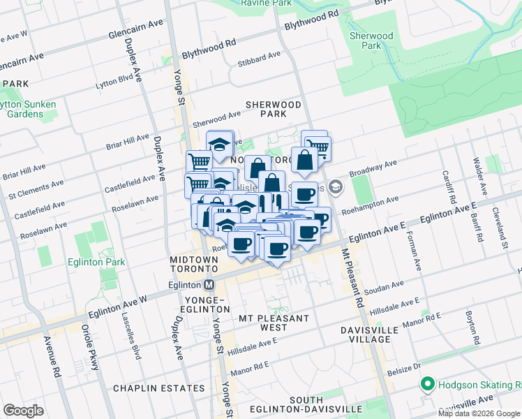 map of restaurants, bars, coffee shops, grocery stores, and more near 65 Broadway Avenue in Toronto