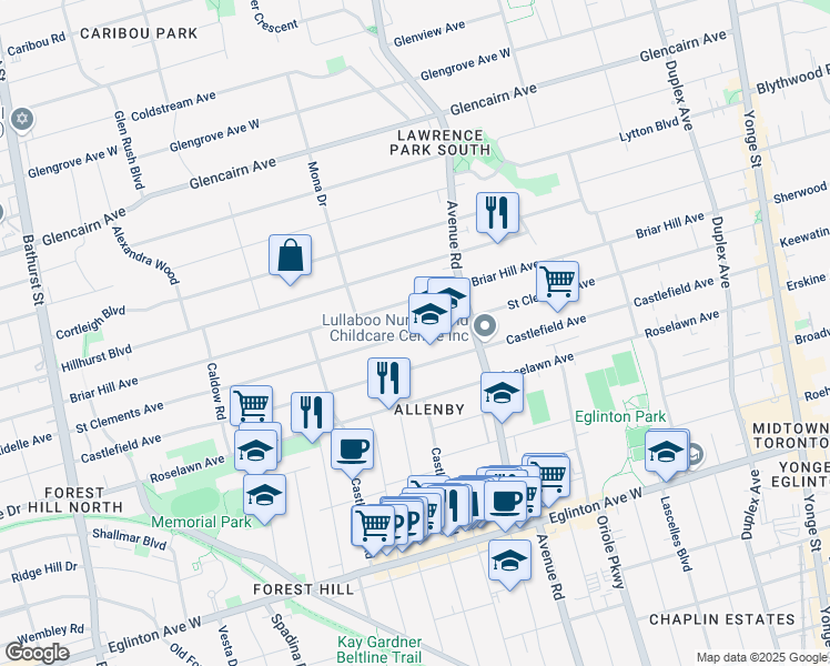map of restaurants, bars, coffee shops, grocery stores, and more near Saint Clements Avenue in Toronto