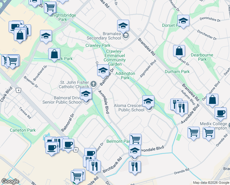 map of restaurants, bars, coffee shops, grocery stores, and more near in Brampton