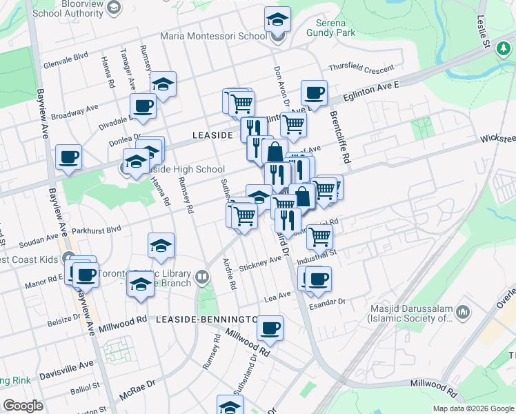 map of restaurants, bars, coffee shops, grocery stores, and more near in Toronto