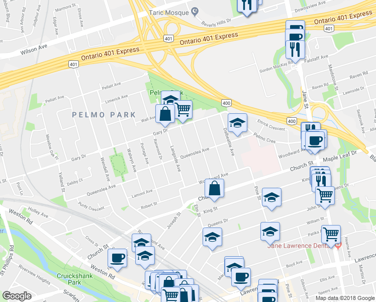 map of restaurants, bars, coffee shops, grocery stores, and more near 42 Deerhurst Avenue in Toronto