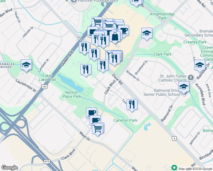 map of restaurants, bars, coffee shops, grocery stores, and more near in Brampton