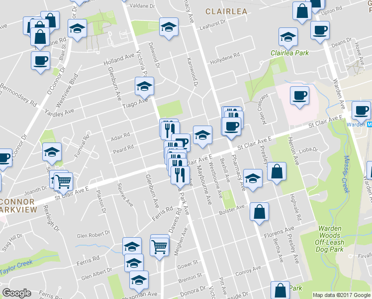 map of restaurants, bars, coffee shops, grocery stores, and more near in Toronto