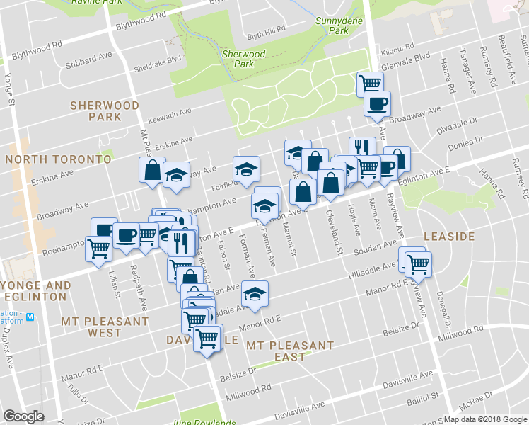 map of restaurants, bars, coffee shops, grocery stores, and more near 440 Eglinton Avenue East in Toronto