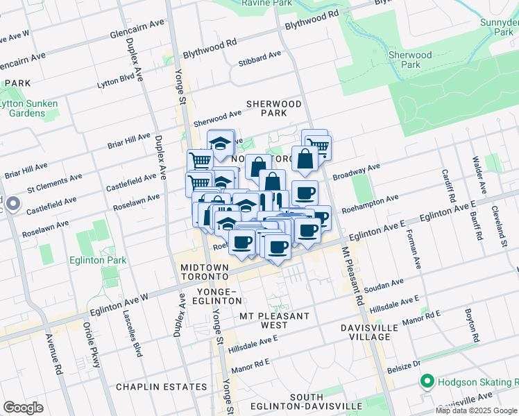 map of restaurants, bars, coffee shops, grocery stores, and more near 86 Broadway Avenue in Toronto