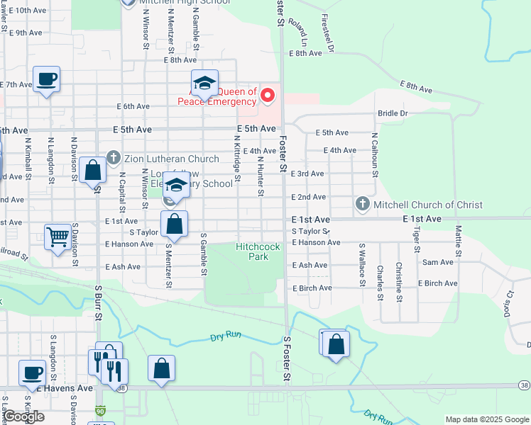 map of restaurants, bars, coffee shops, grocery stores, and more near 108 North Hunter Street in Mitchell