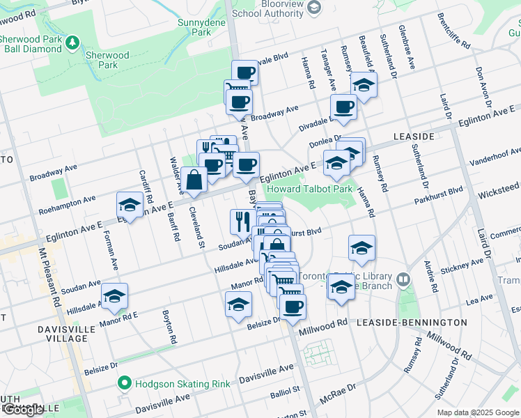 map of restaurants, bars, coffee shops, grocery stores, and more near 1767 Bayview Avenue in Toronto