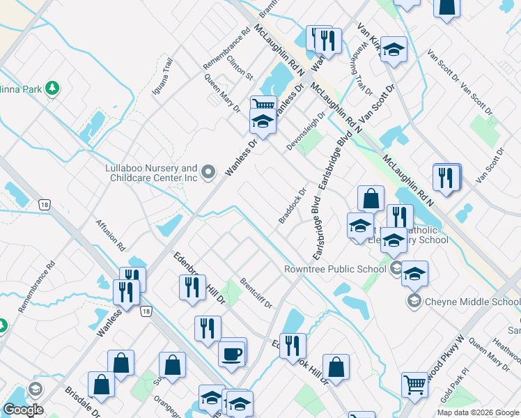 map of restaurants, bars, coffee shops, grocery stores, and more near 61 Sir Jacobs Crescent in Brampton