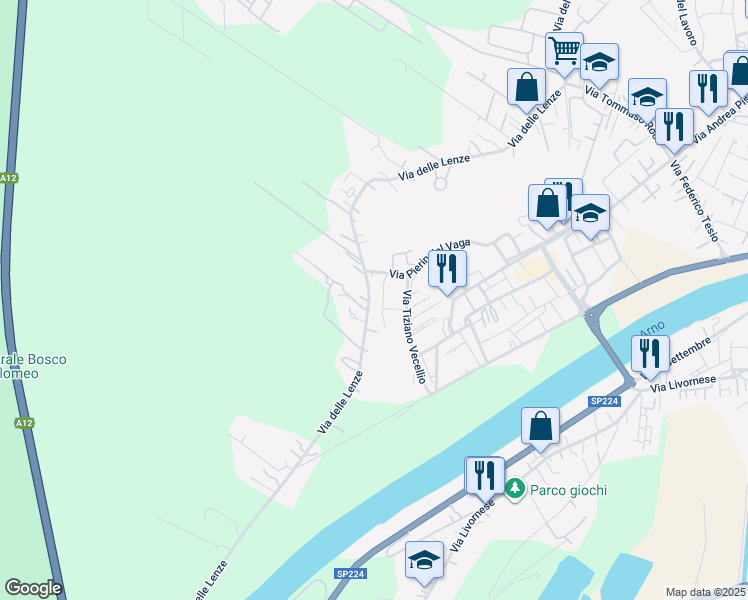 map of restaurants, bars, coffee shops, grocery stores, and more near 157a Via delle Lenze in Pisa