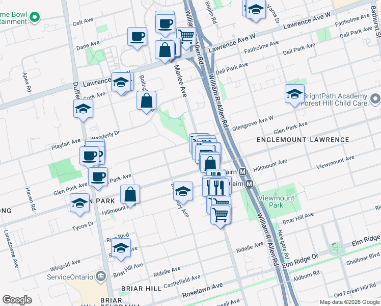 map of restaurants, bars, coffee shops, grocery stores, and more near in Toronto