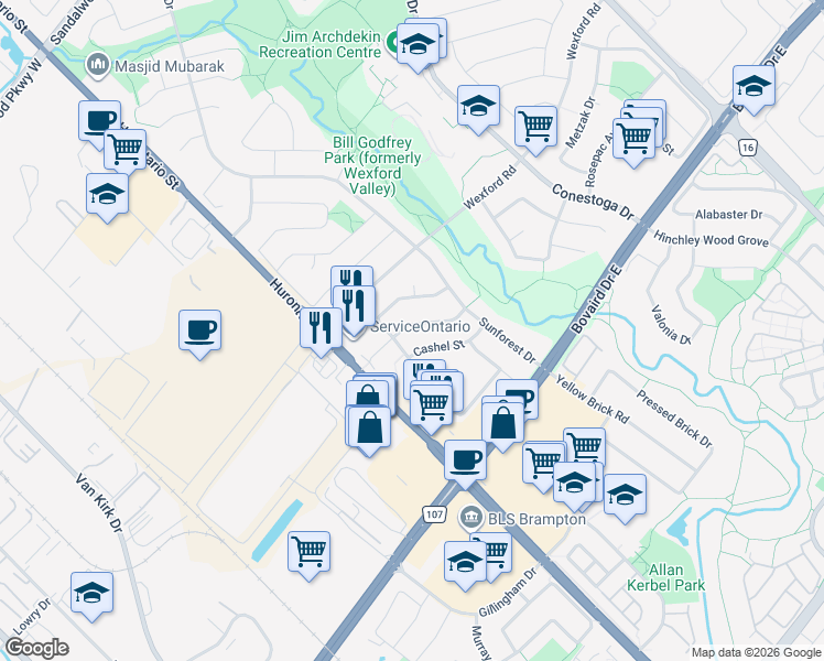 map of restaurants, bars, coffee shops, grocery stores, and more near 4 Tralee Street in Brampton