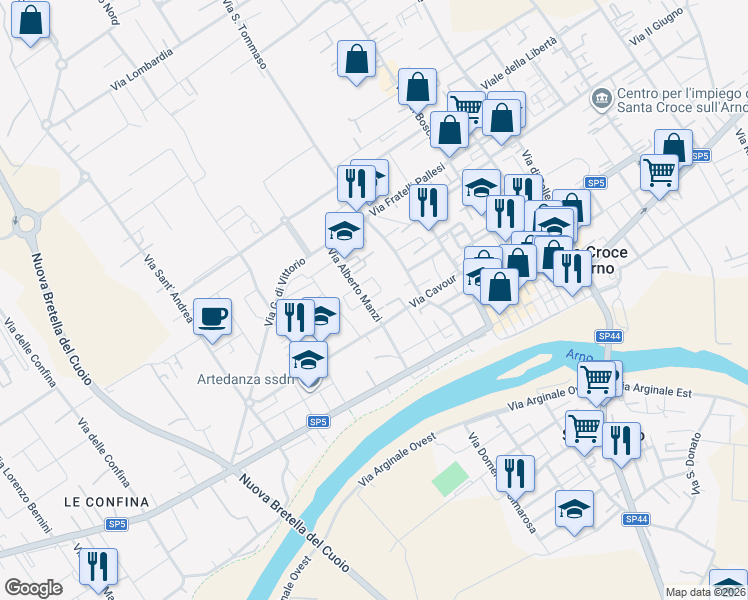 map of restaurants, bars, coffee shops, grocery stores, and more near 4 Via Fernanda Pivano in Santa Croce sull'Arno