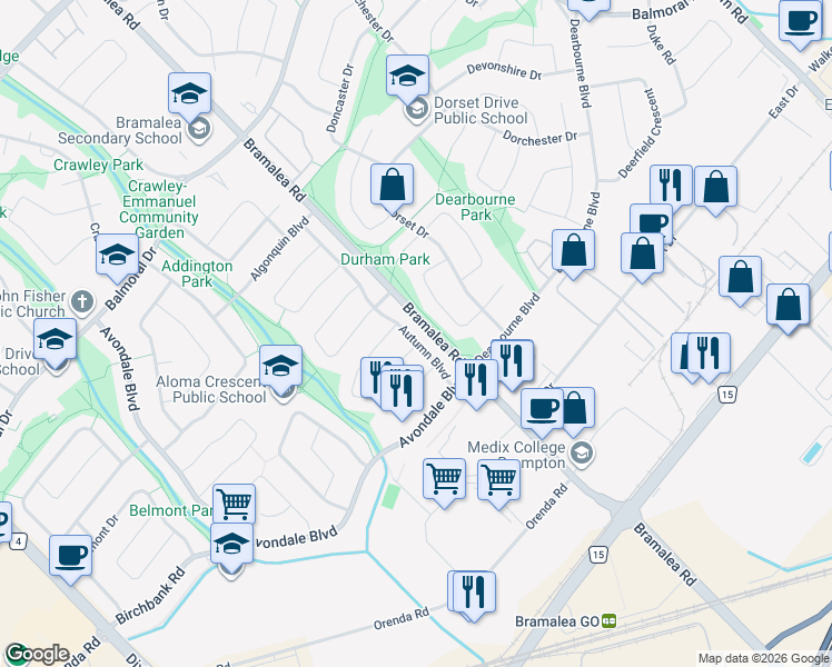 map of restaurants, bars, coffee shops, grocery stores, and more near 25 Autumn Boulevard in Brampton