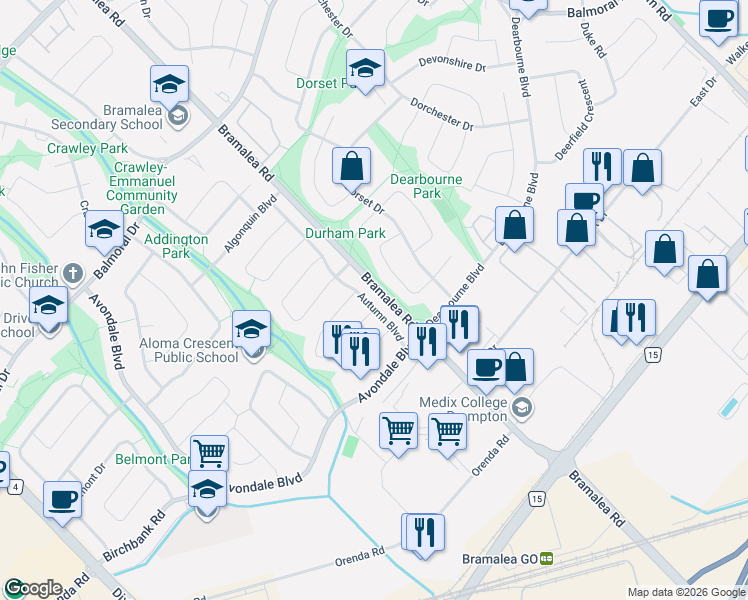 map of restaurants, bars, coffee shops, grocery stores, and more near 25 Autumn Boulevard in Brampton