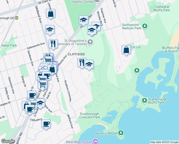 map of restaurants, bars, coffee shops, grocery stores, and more near 51 Chine Drive in Toronto