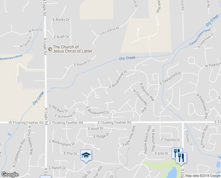 map of restaurants, bars, coffee shops, grocery stores, and more near 777 East Brookwood Drive in Eagle
