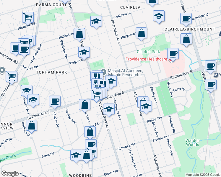 map of restaurants, bars, coffee shops, grocery stores, and more near 45 Strangford Lane in Toronto